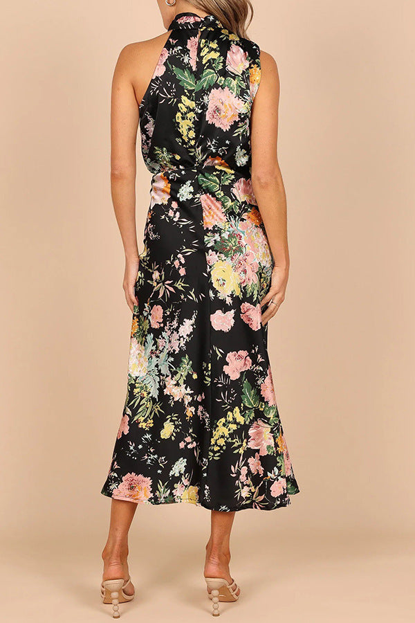 Turtleneck Sleeveless High Waist Floral Print Midi Dress