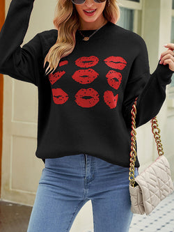 Women's Sweaters Knitted Love Lips Printed Long Sleeved Sweater