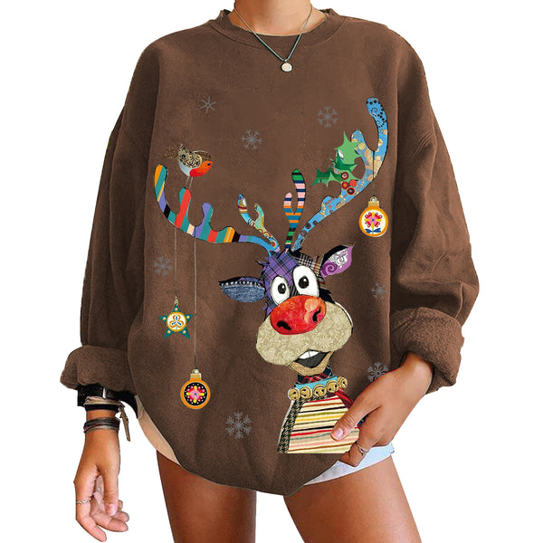 Christmas Ox Color Print Crew Neck Sweatshirt