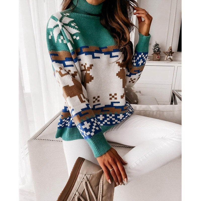Turtle Neck Xmas Print Knitted Sweater