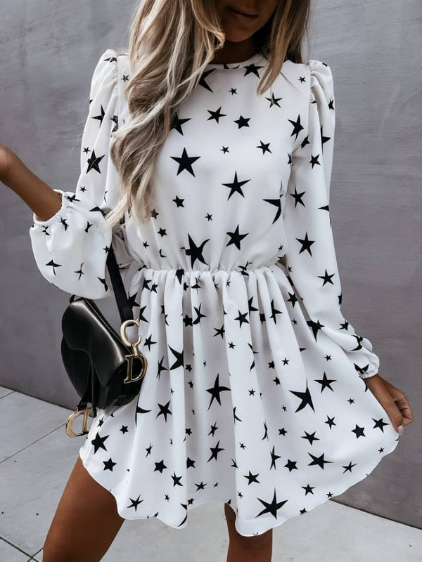 Star Printed Long Sleeve Mini Dress