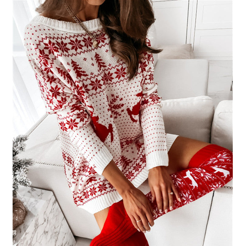 Off Shoulder Christmas Print Knitted Sweater