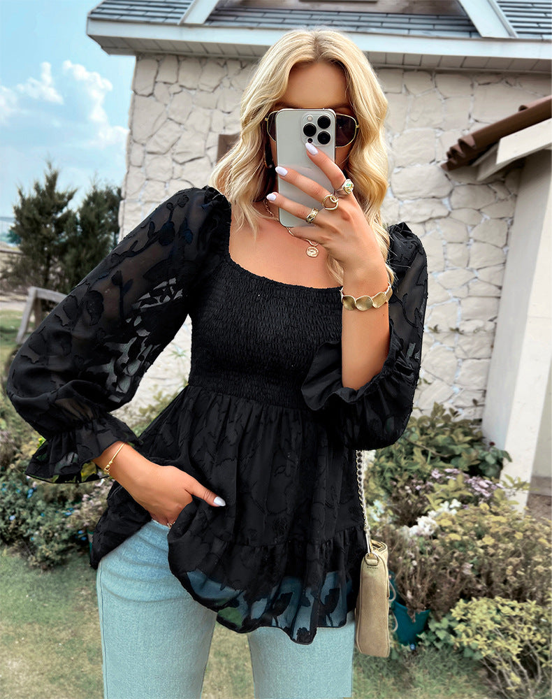 Square Neck Ruffle Long Sleeve Solid Blouse