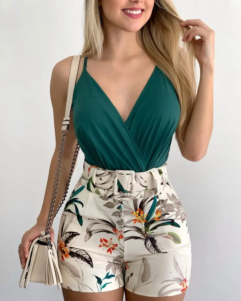 Spaghetti Strap Sleeveless Belted Mini Floral Jumpsuit