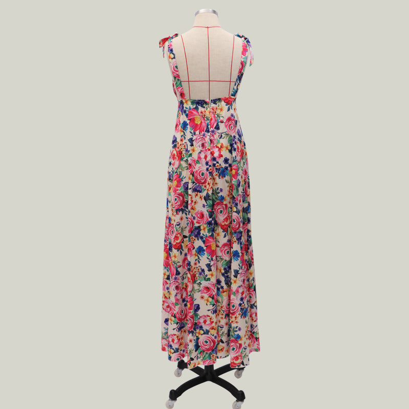 Adjustable Straps Backless Floral Deep V Neck Long Maxi Dress