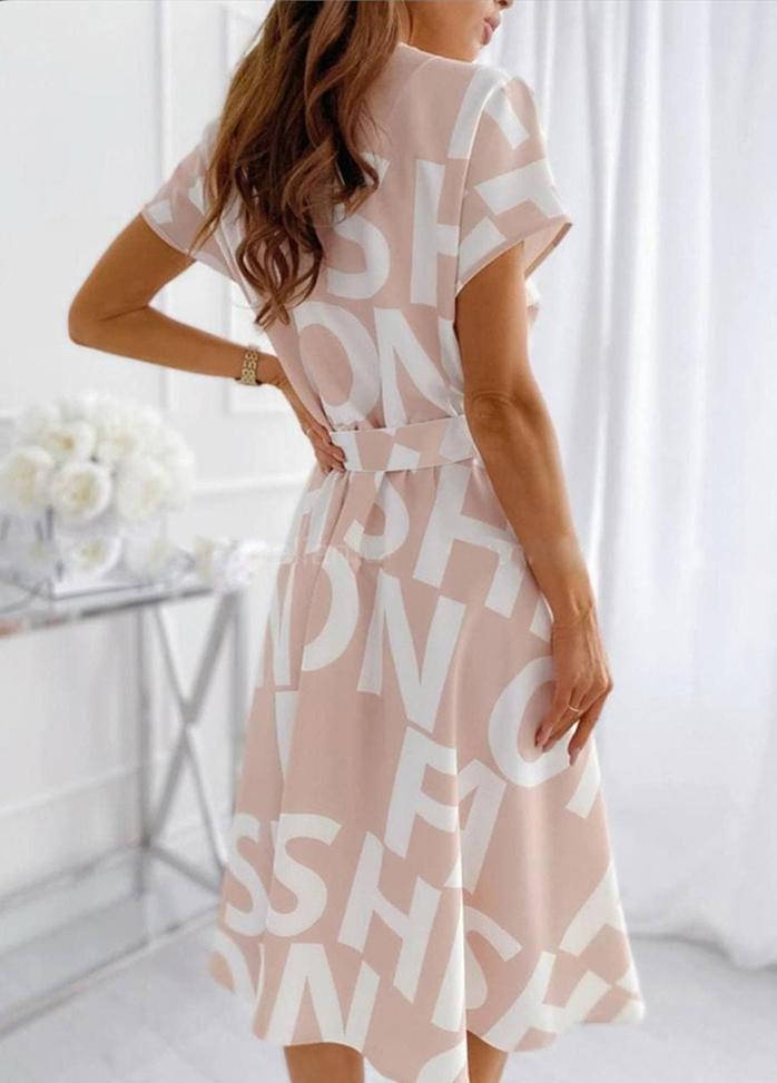 V Neck Short Sleeve Printed Dress