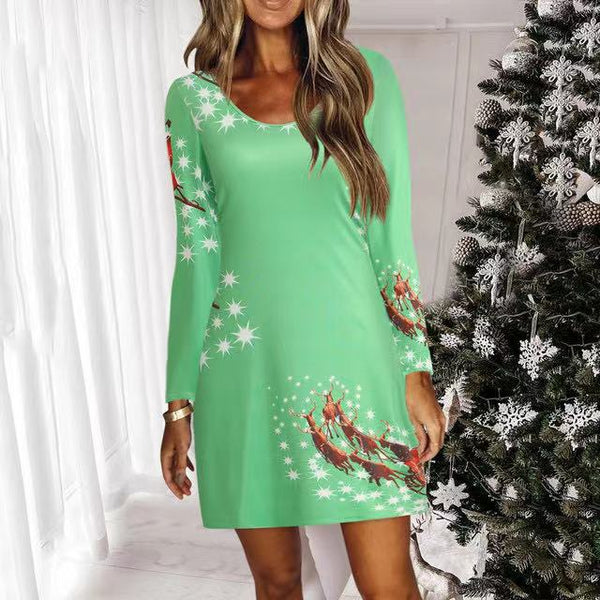 Long Sleeve Scoop Neck Christmas Mini Dress