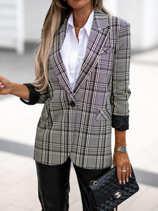 Elegant Lapel Collar 3/4 Sleeve Plaid Suit Jacket
