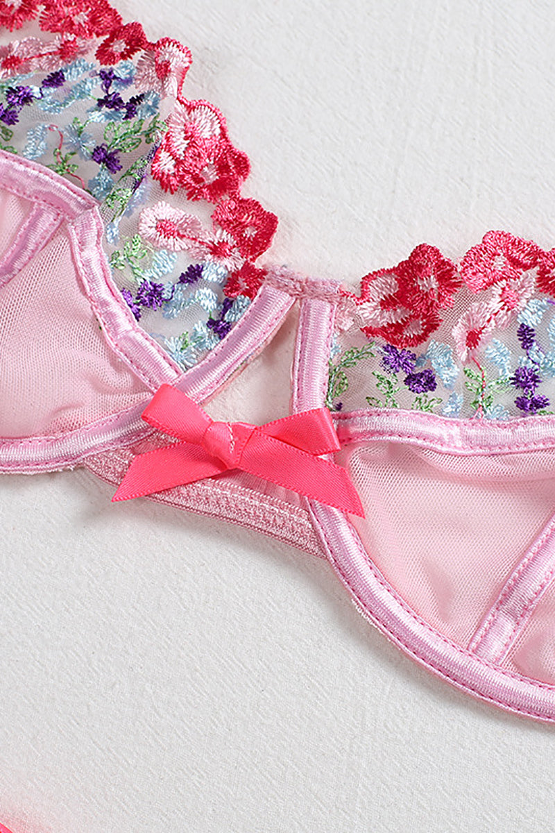 Sweet Floral Embroidered Thong Lingerie Set