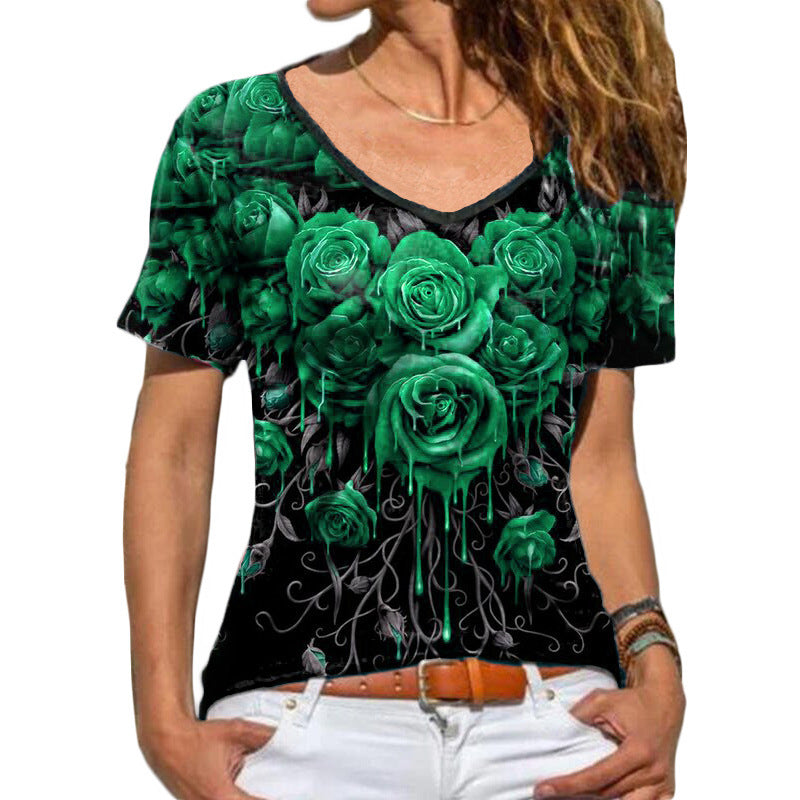 Casual V Neck Short Sleeve Bodycon Floral T Shirt
