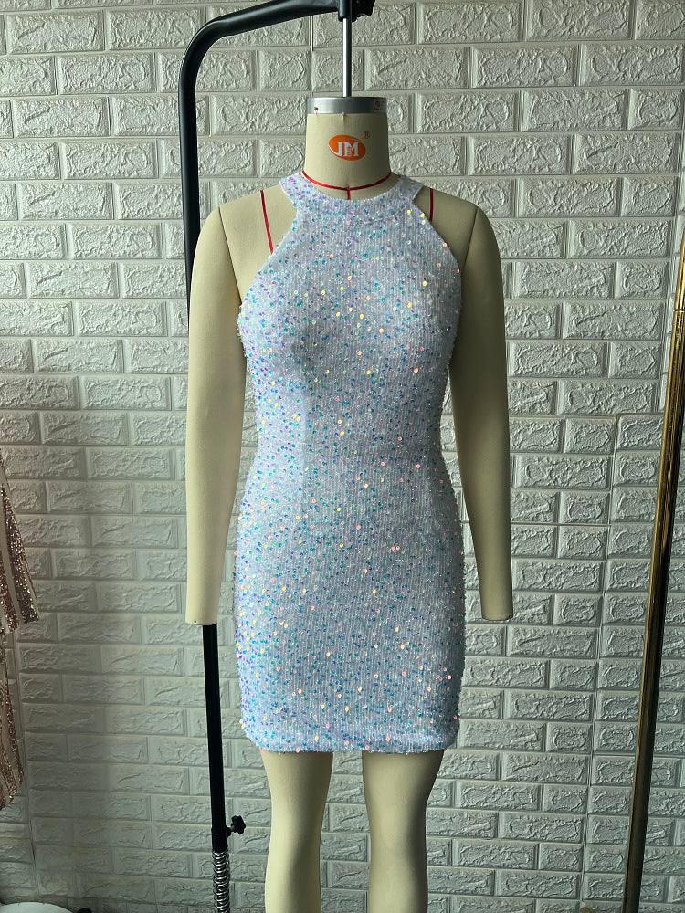 Fashion Sleeveless Halter Neck Sequins Mini Dress