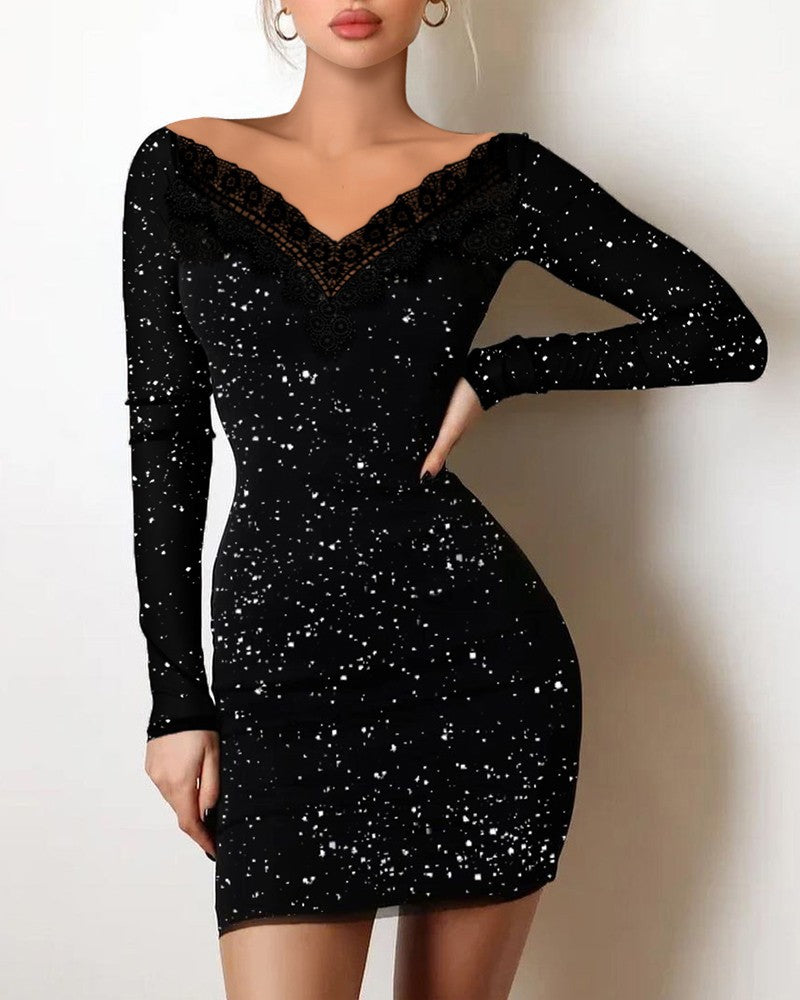 Off Shoulder Long Sleeve Bodycon Sequins Mini Dress