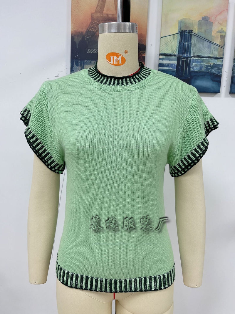 Knitted Cap Sleeve Round Neck T Shirt Top