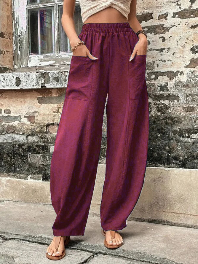 Casual High Waist Pocketed Loose Solid Pants