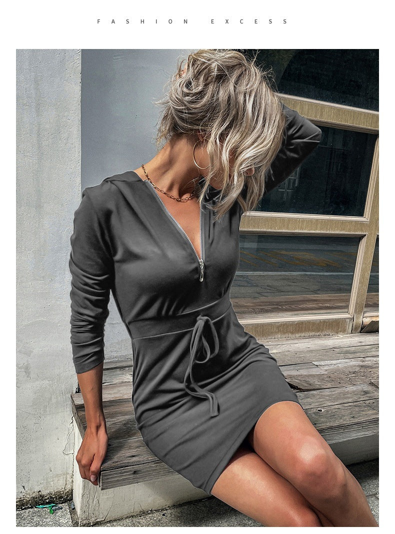 Long Sleeve Zip Up Hooded Drawstring Mini Dress