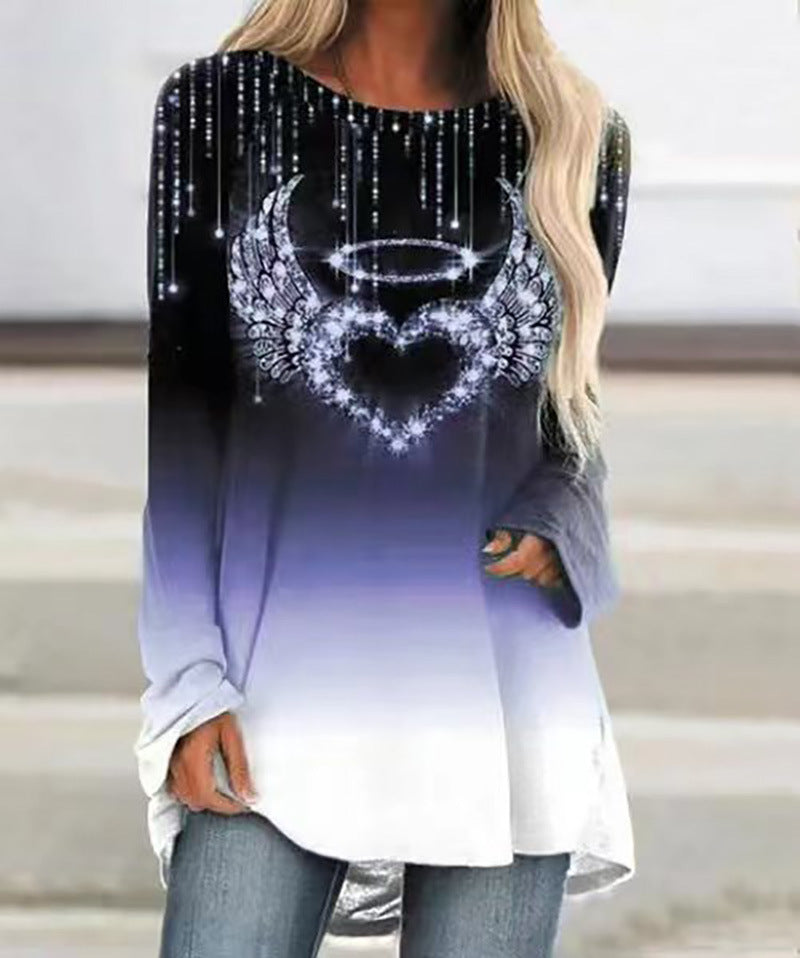 Fashion Long Sleeve Heart Print Loose Blouse Top