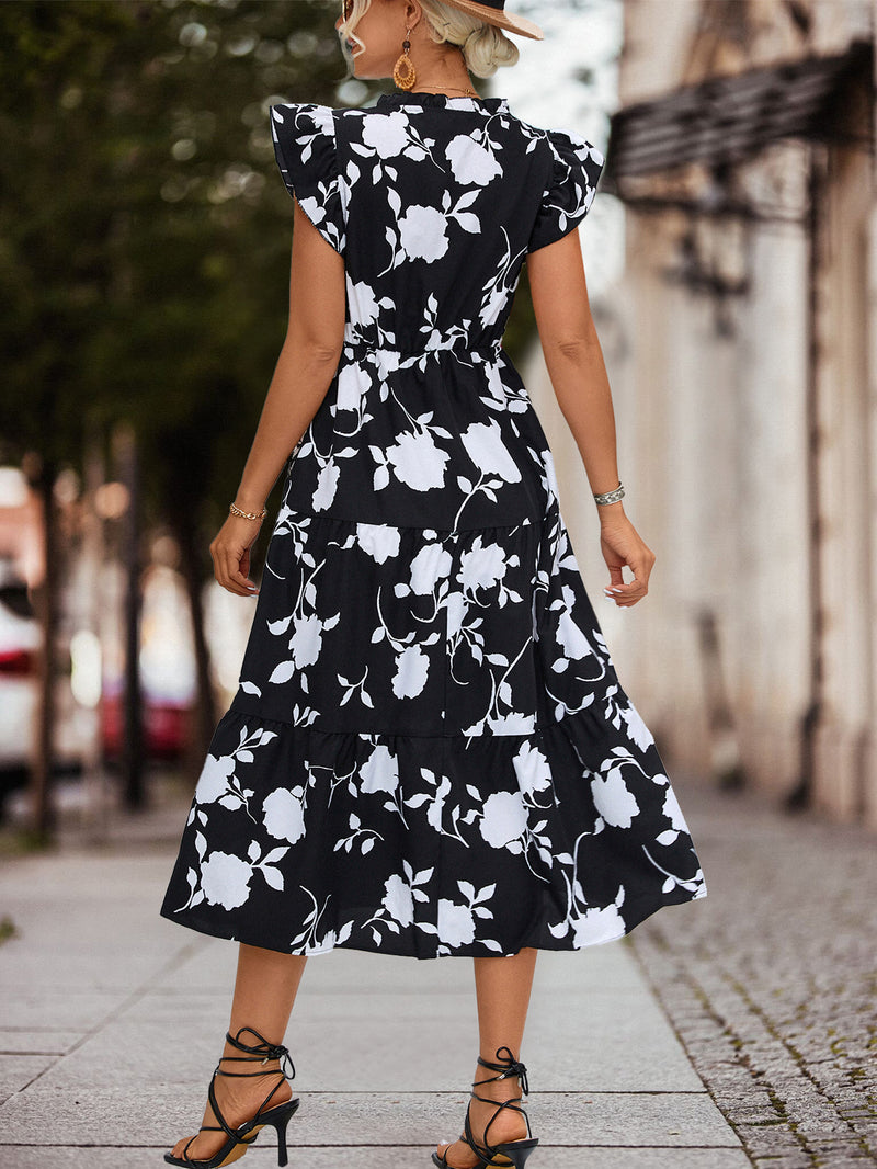 Elegant V-Neck Ruffle Short Sleeve Printed Midi Dress