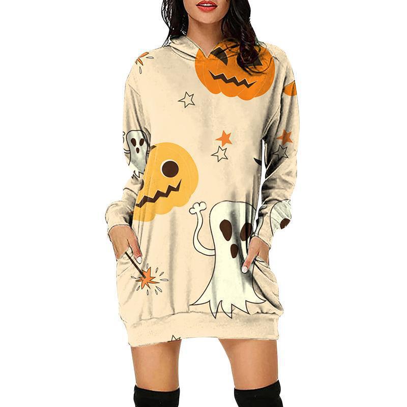 Casual Long Sleeve Graphic Print Hoodie Sweatshirt Mini Dress