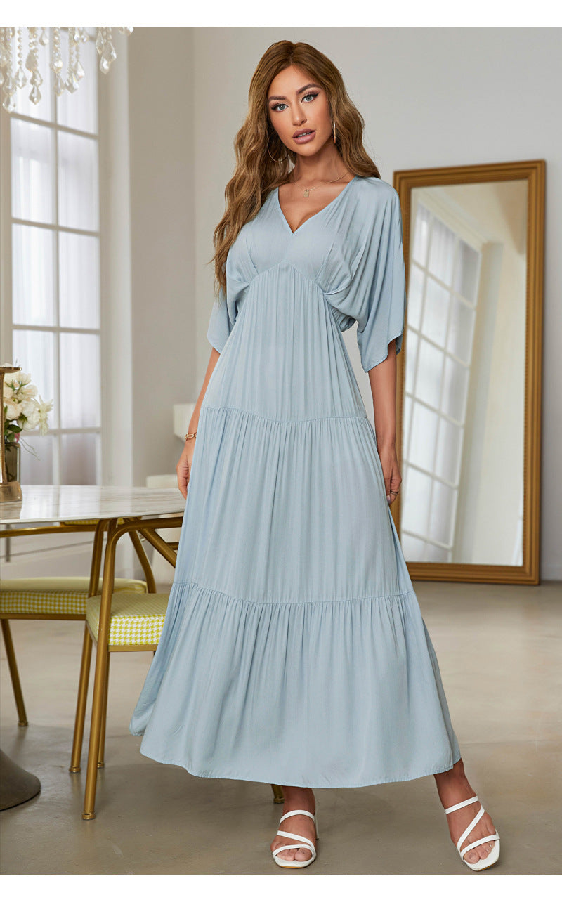 Elegant V-Neck Short Sleeve Solid Flared Maxi Dress