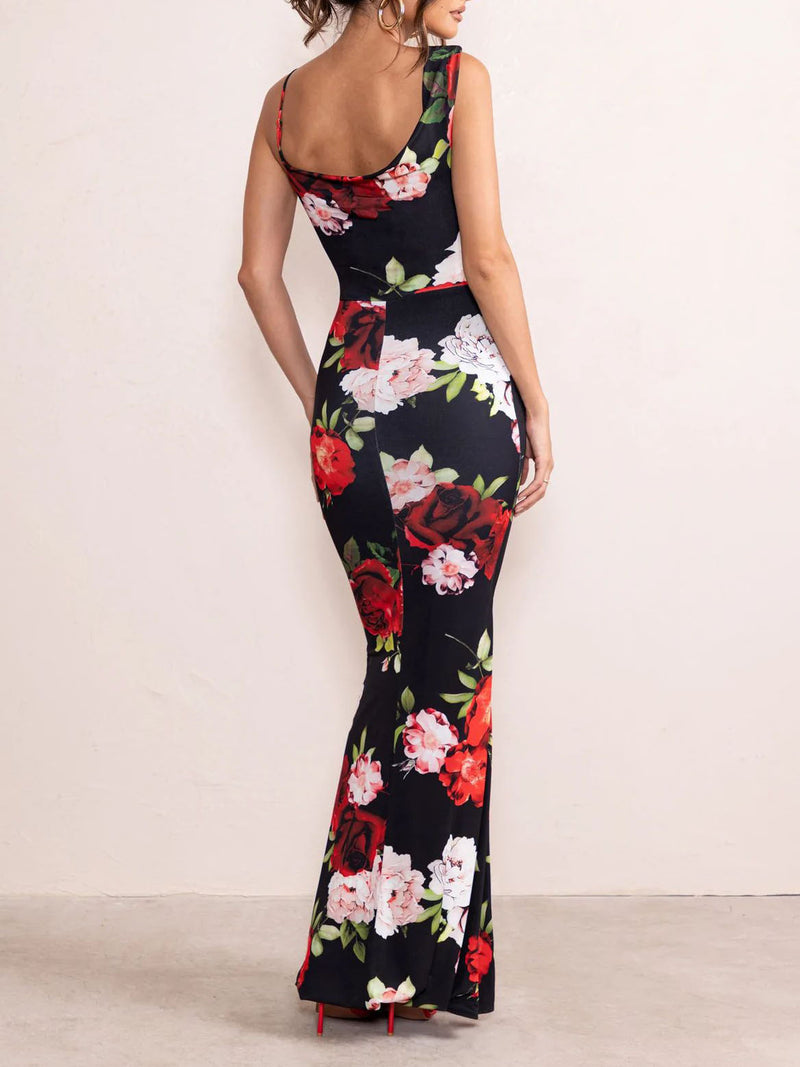 Elegant Sleeveless Round Neck Printed Mermaid Maxi Dress