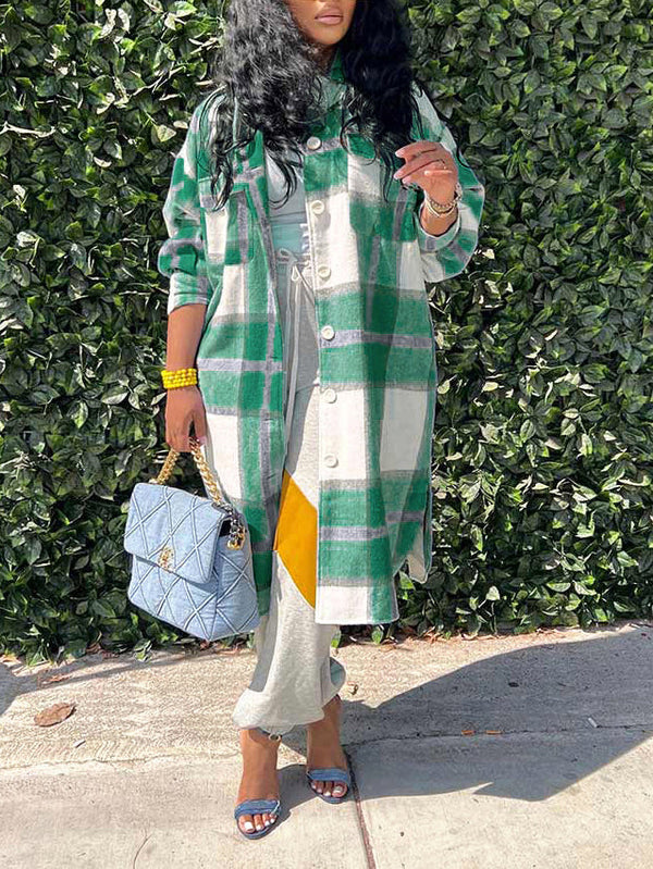 Oversize Long Sleeve Buton Down Plaid Shacket Outerwear