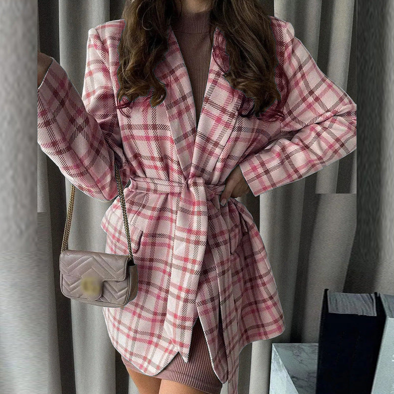 Lapel Collar Long Sleeve Plaid Belted Blazer Dress