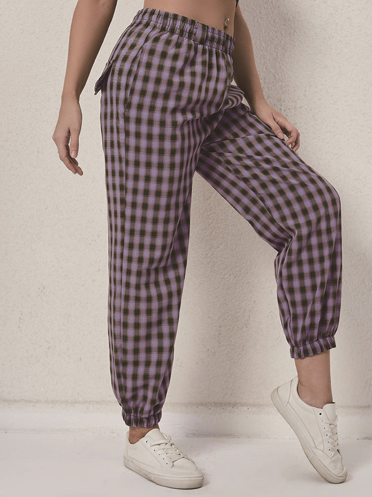 Women's Pants Check Print Elastic Waist Casual Harem Pants