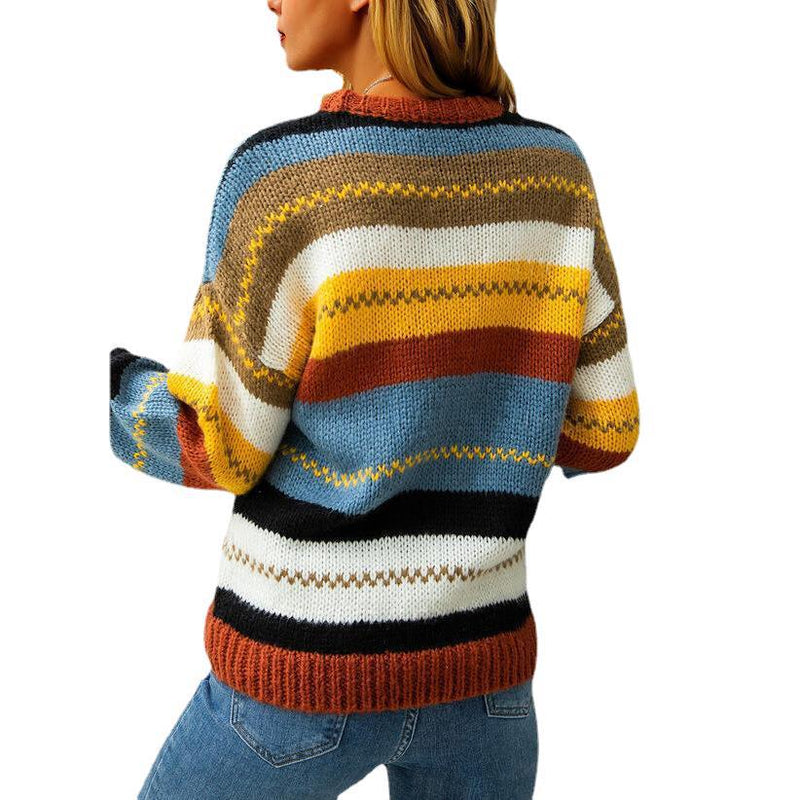 Long Sleeve Color Block Crew Neck Knit Sweater