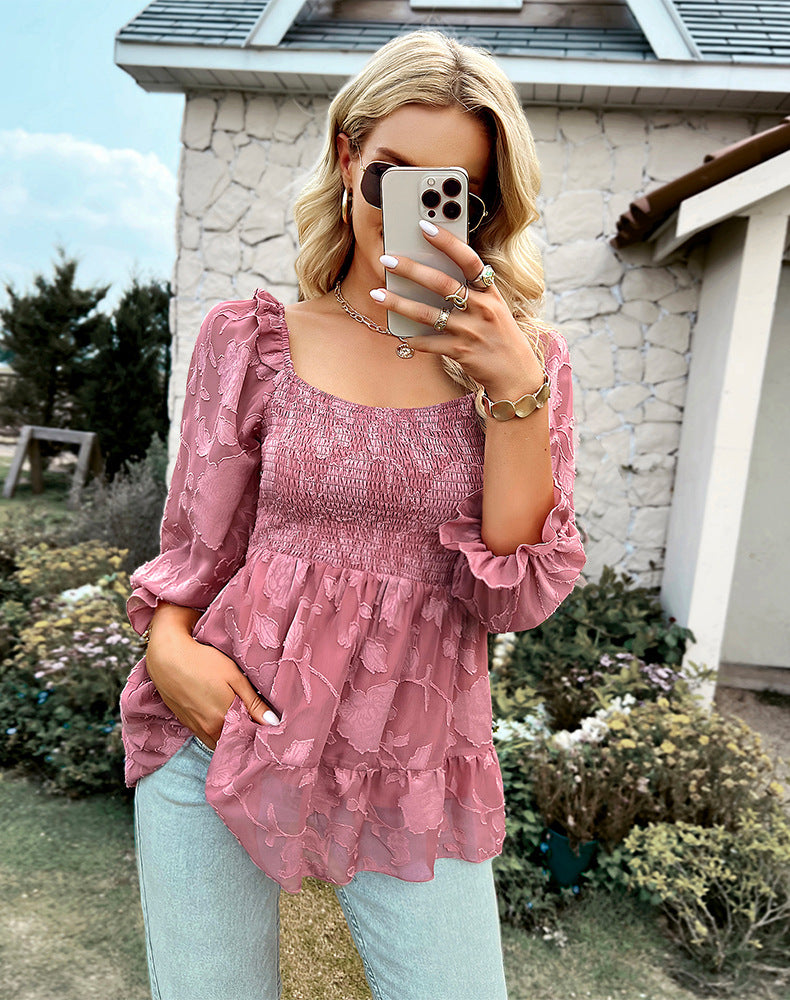 Square Neck Long Sleeve Printed Blouse Top
