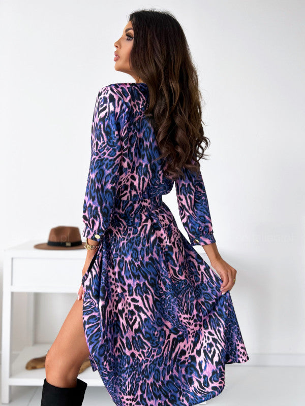 Fashion V-Neck Print Belted Slit Midi Dress