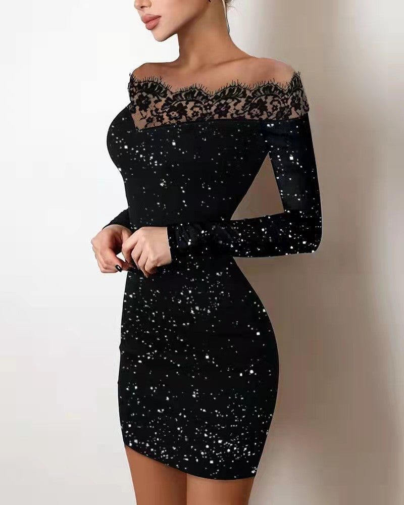 Off Shoulder Long Sleeve Bodycon Sequins Mini Dress