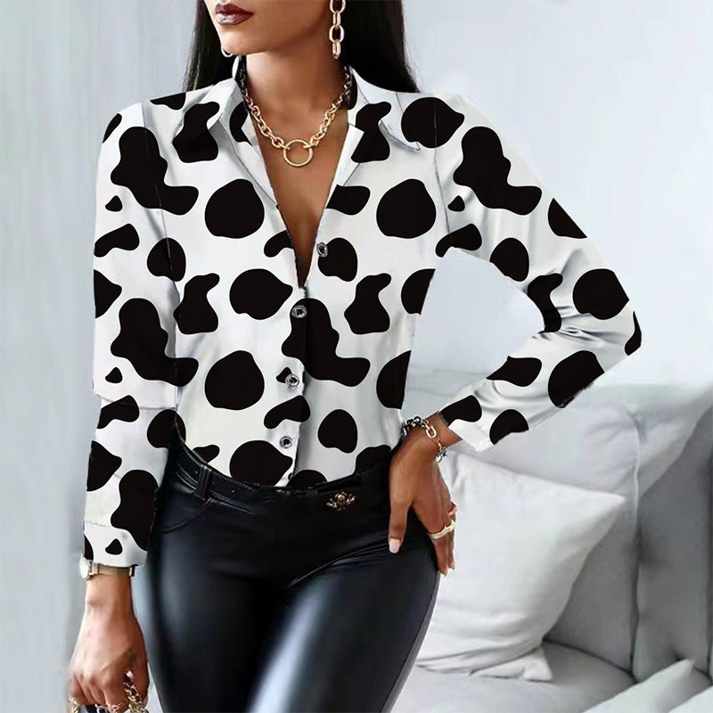 Turn Down Collar Long Sleeve Print Shirt