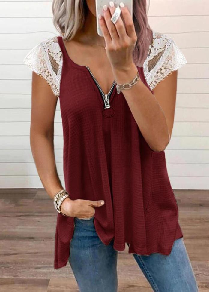 Patchwork Zipper V Neck Short Sleeve T-shirt