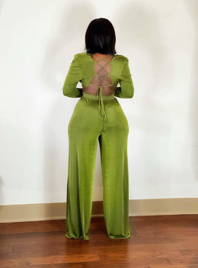 Two Piece Long Sleeve Backless Top and High Waist Wide Leg Pant Set