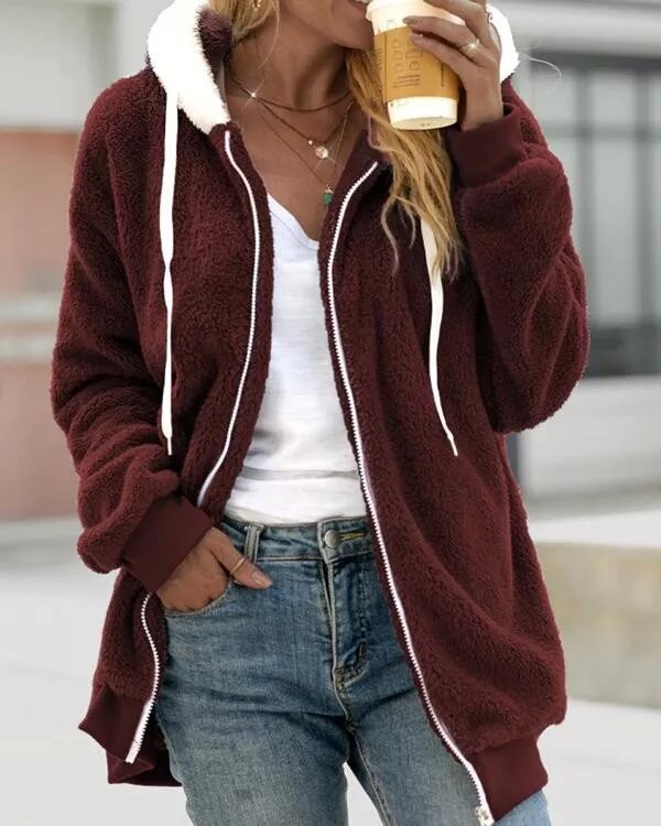 Casual Zip Up Long Sleeve Solid Drawstring Sweater
