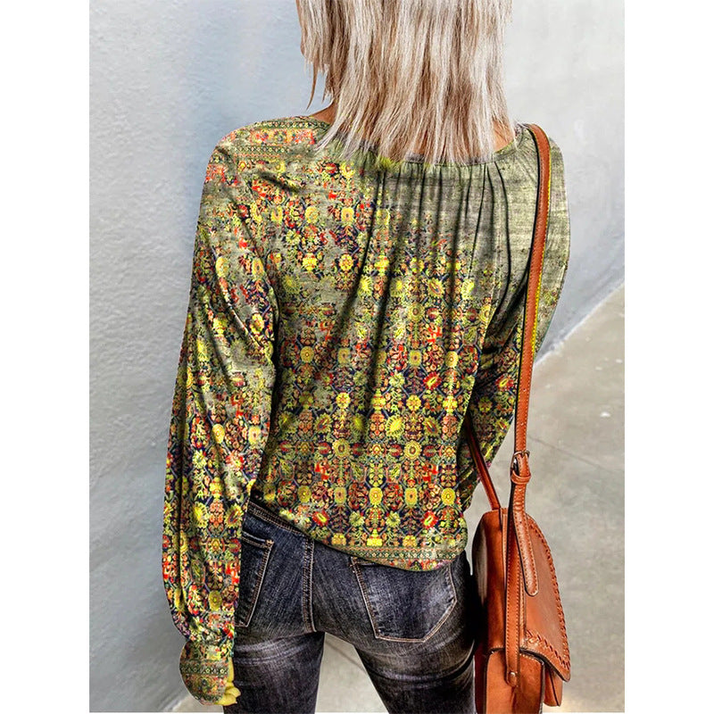 Casual Long Sleeve Scoop Neck Floral Blouse Top