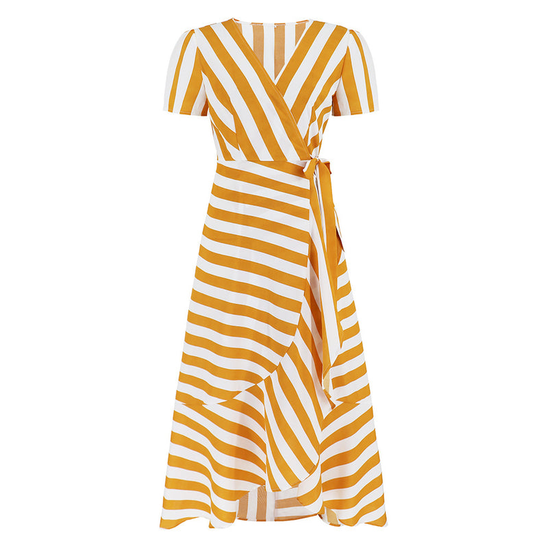 Fashion V-Neck Short Sleeve Striped Loose Maxi Dress
