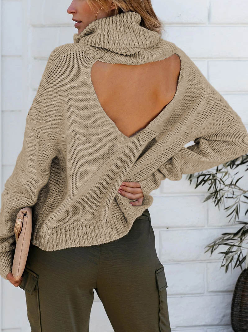Turtle Neck Open Back Solid Color Knitted Sweater