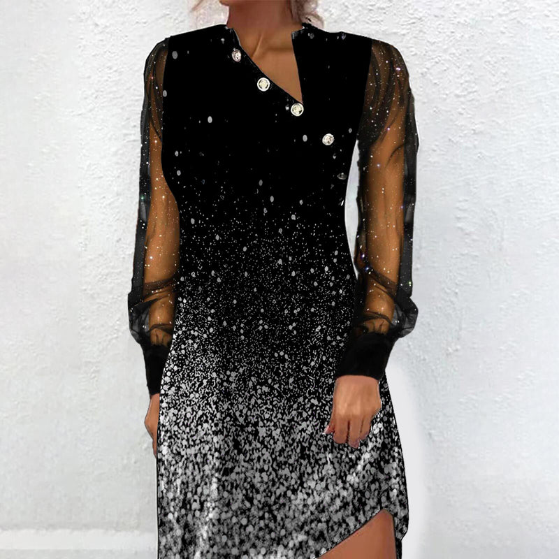 Elegant Mesh Long Sleeve Printed Midi Dress