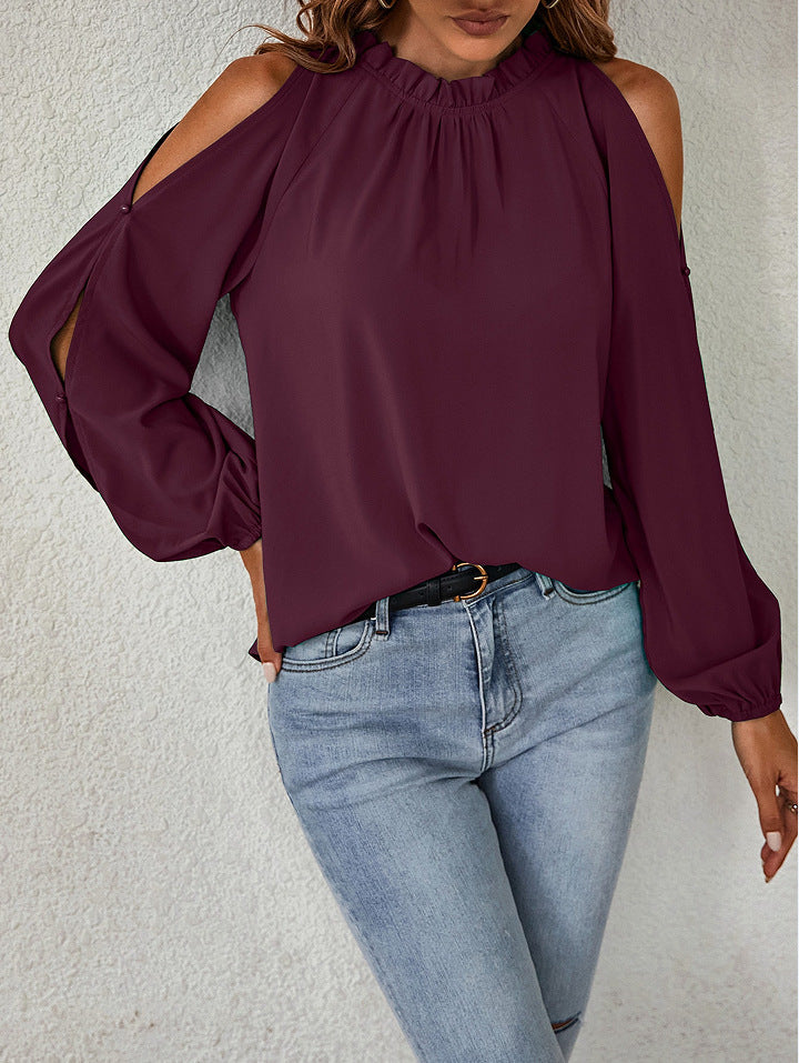 Fashion O-Neck Cut Out Sleeve Solid Color Blouse