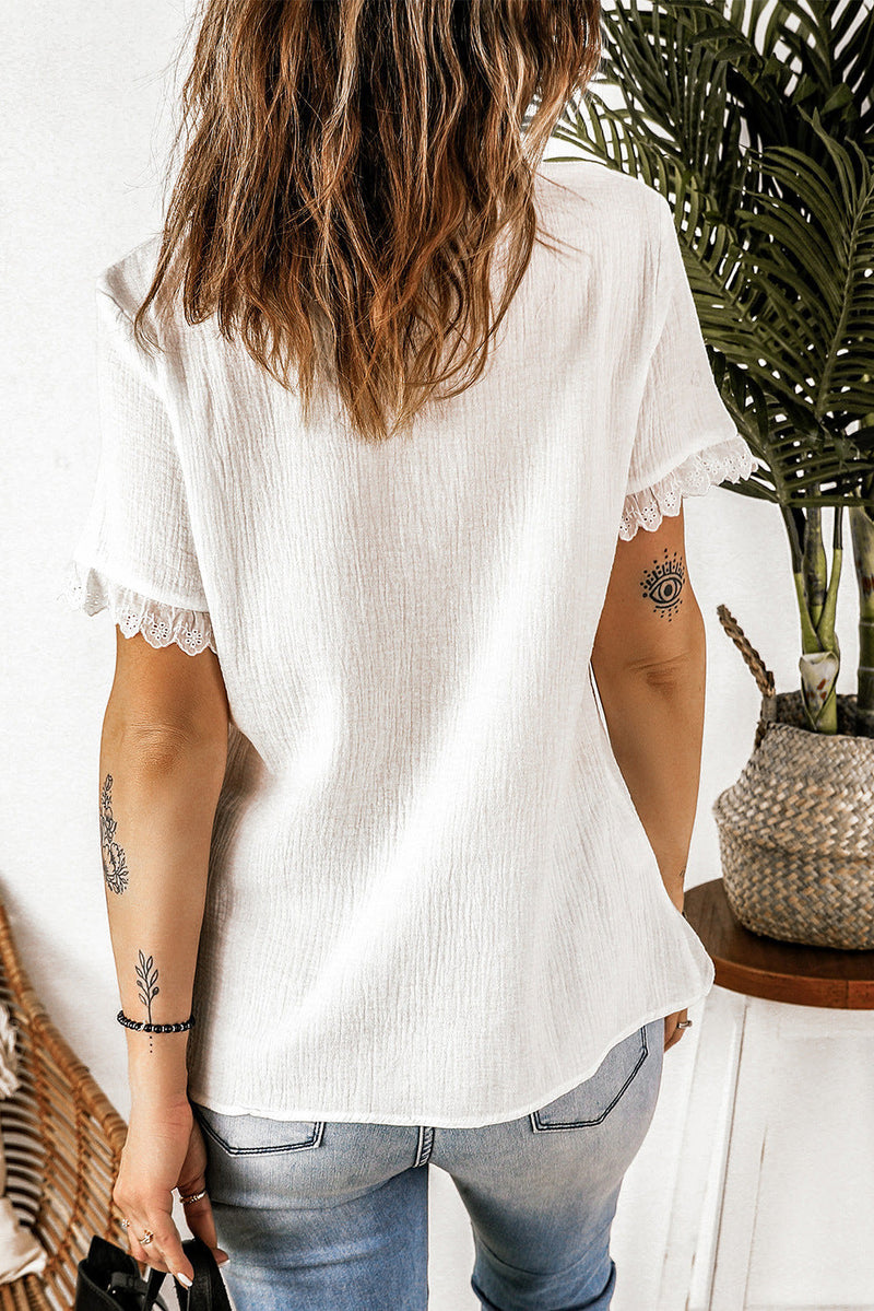 Scalloped Lace Trim Short Sleeve Shirt