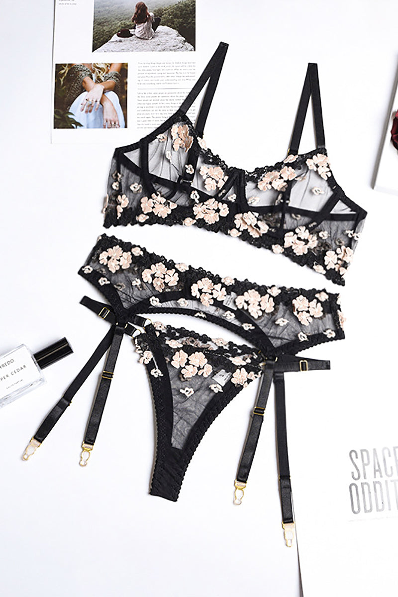 Sheer Flower 3pc Lingerie Set