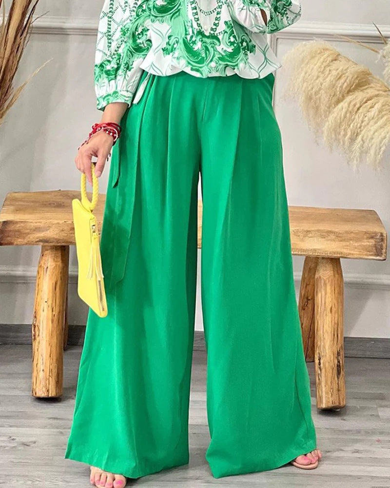 Two Piece Outfit Long Sleeve Print Blouse Top and Wide Pant Set