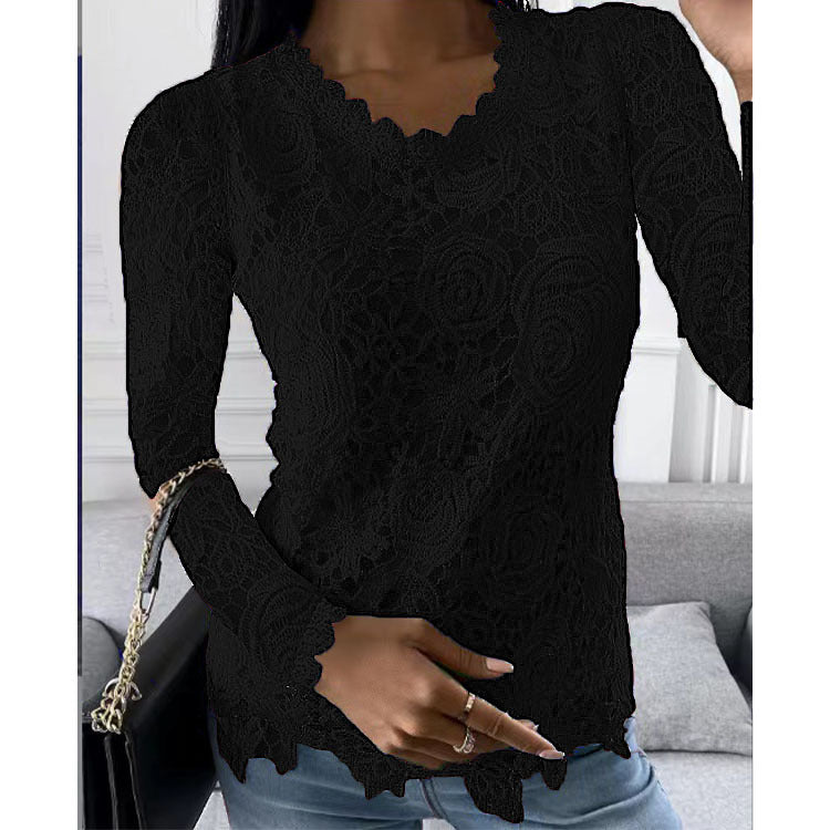 Casual Long Sleeve Lace Round Neck Top