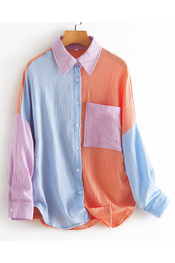 Color Block Textured Button Shirt with Pocket
