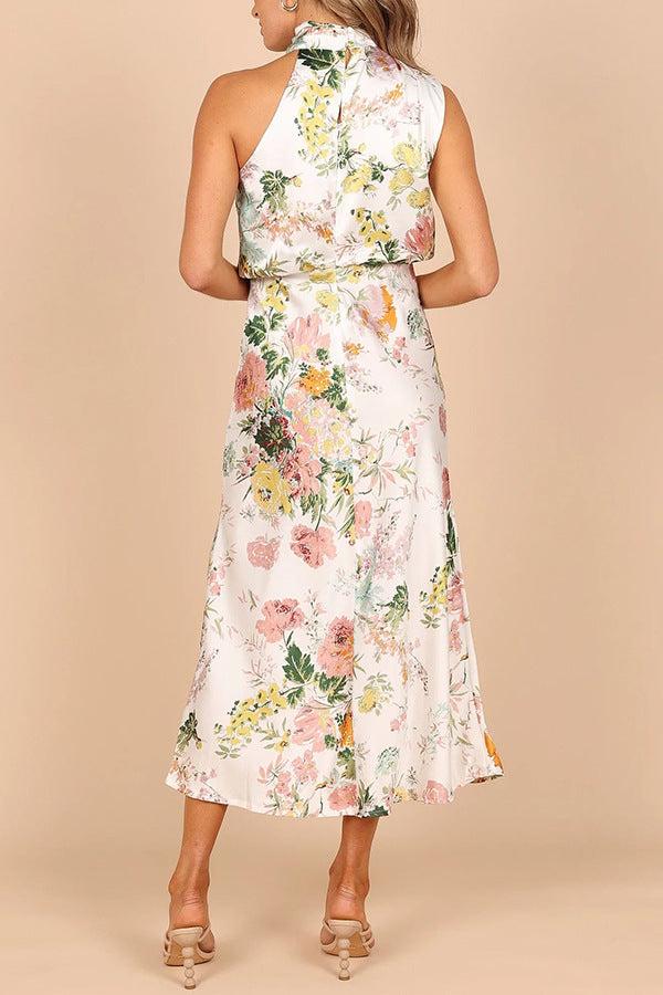 Turtleneck Sleeveless High Waist Floral Print Midi Dress
