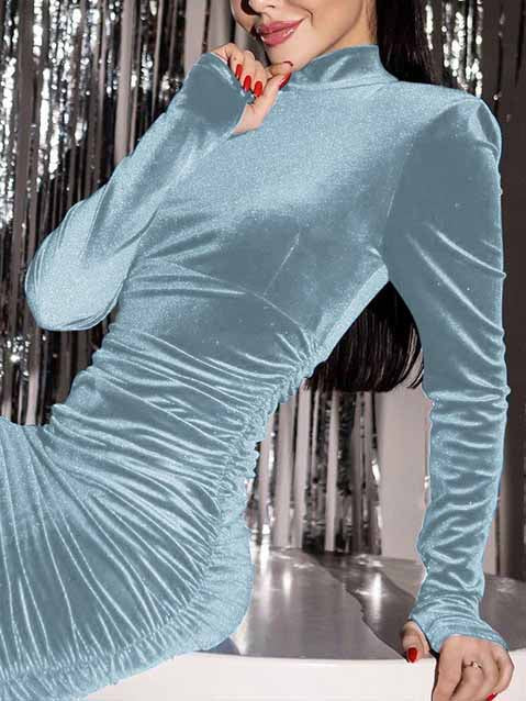Turttleneck Ruched Long Sleeve Solid Mini Dress