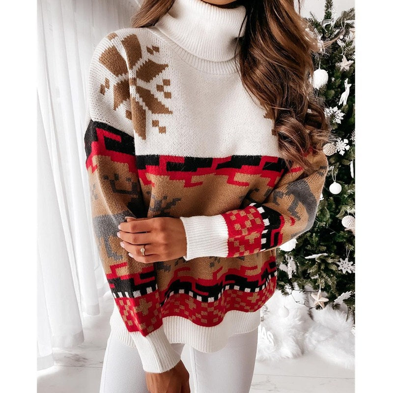 Turtle Neck Xmas Print Knitted Sweater