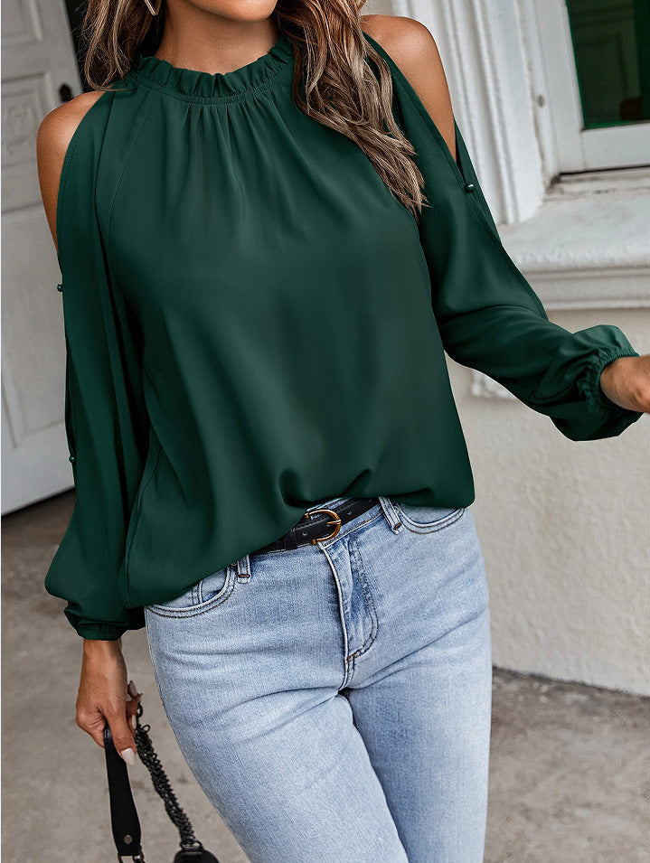 Fashion O-Neck Cut Out Sleeve Solid Color Blouse