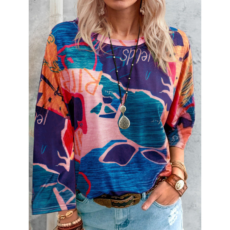 Casual Long Sleeve Tie Dye Round Neck Top